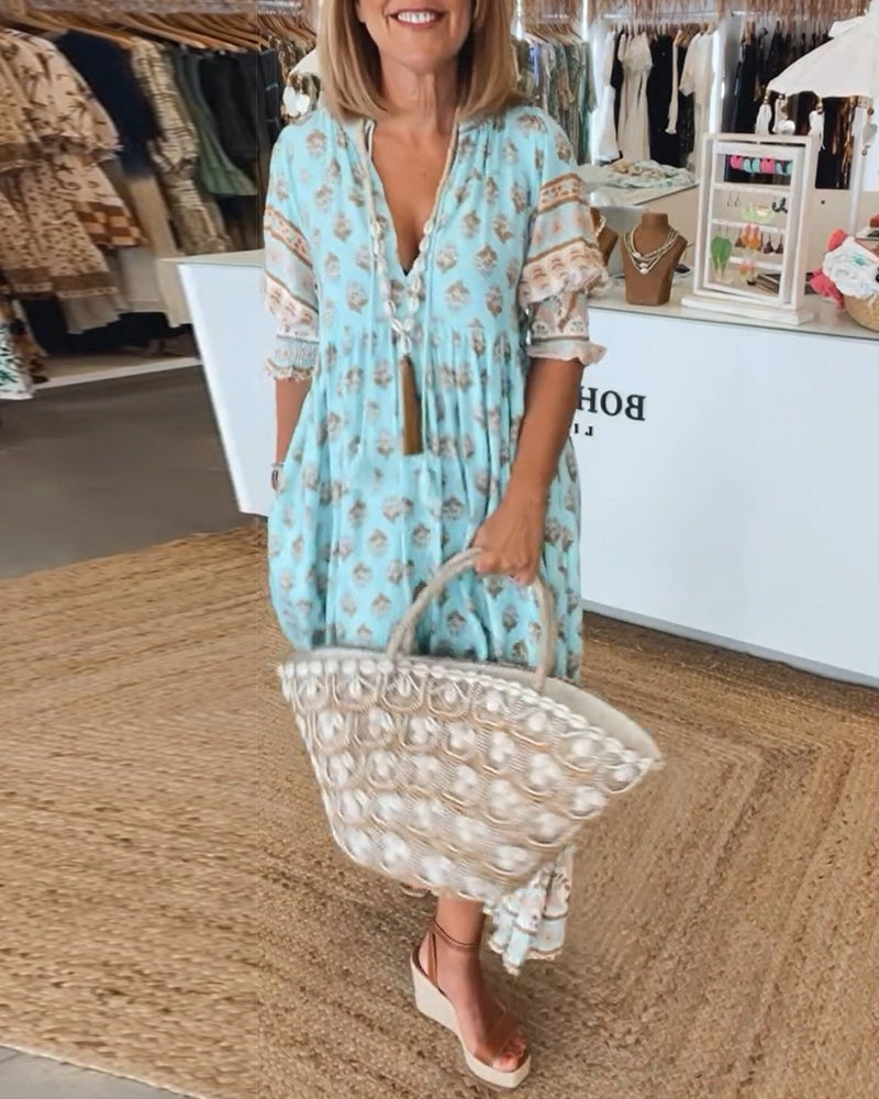 Rue - Casual Printed V-neck Half Sleeve Dress