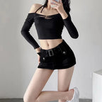 Vixen Belted Denim Mini Skirt