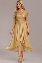 Luna Champagne Sleeve Round Neck Dress