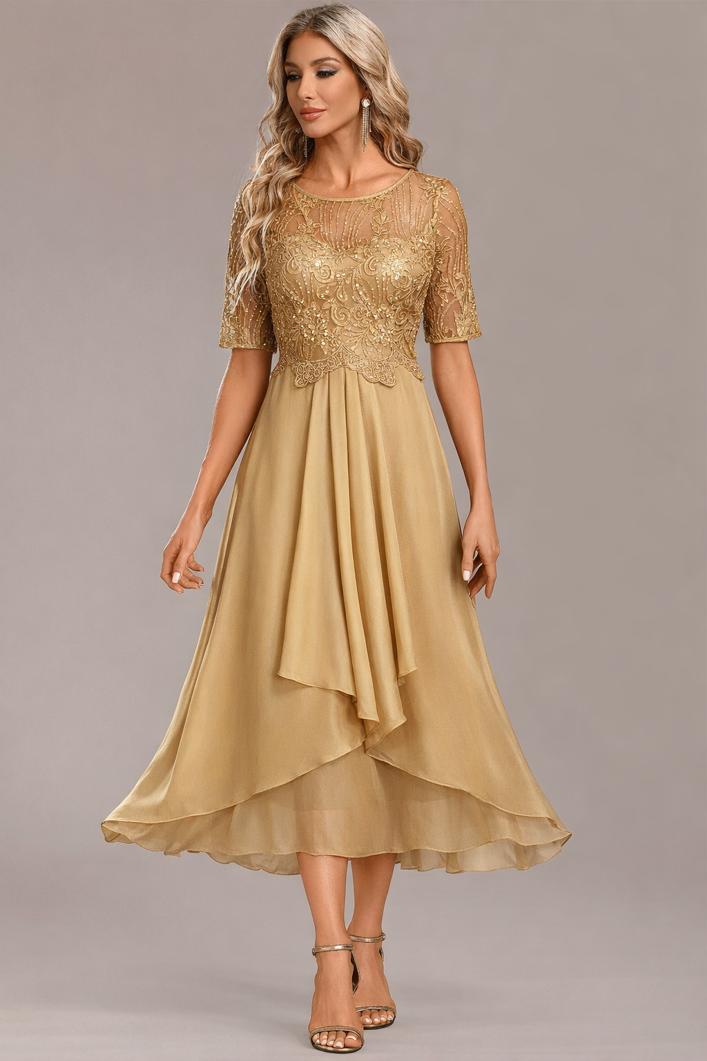Luna Champagne Sleeve Round Neck Dress