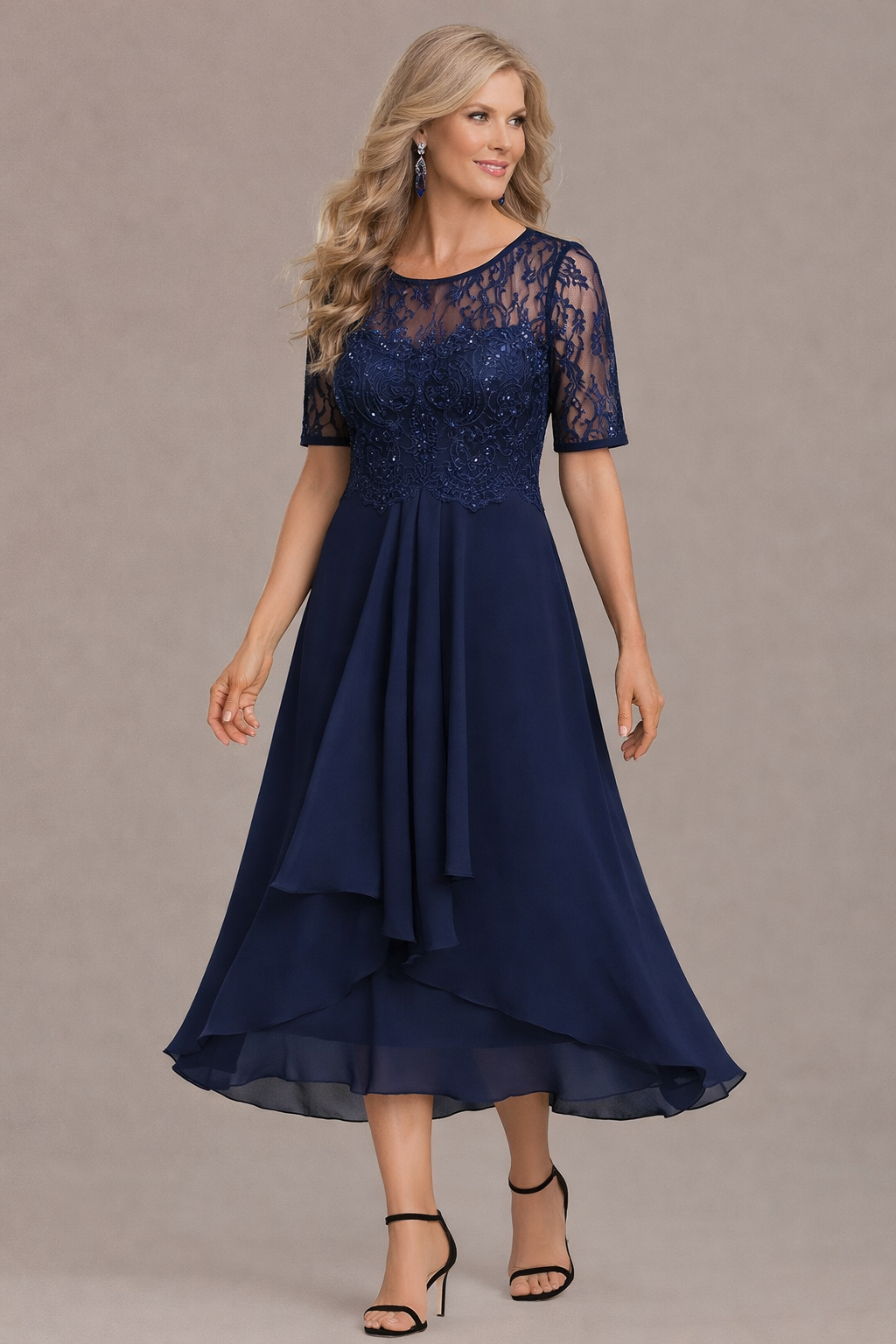 Elara Elegant Lace Sleeve Round Neck Dress