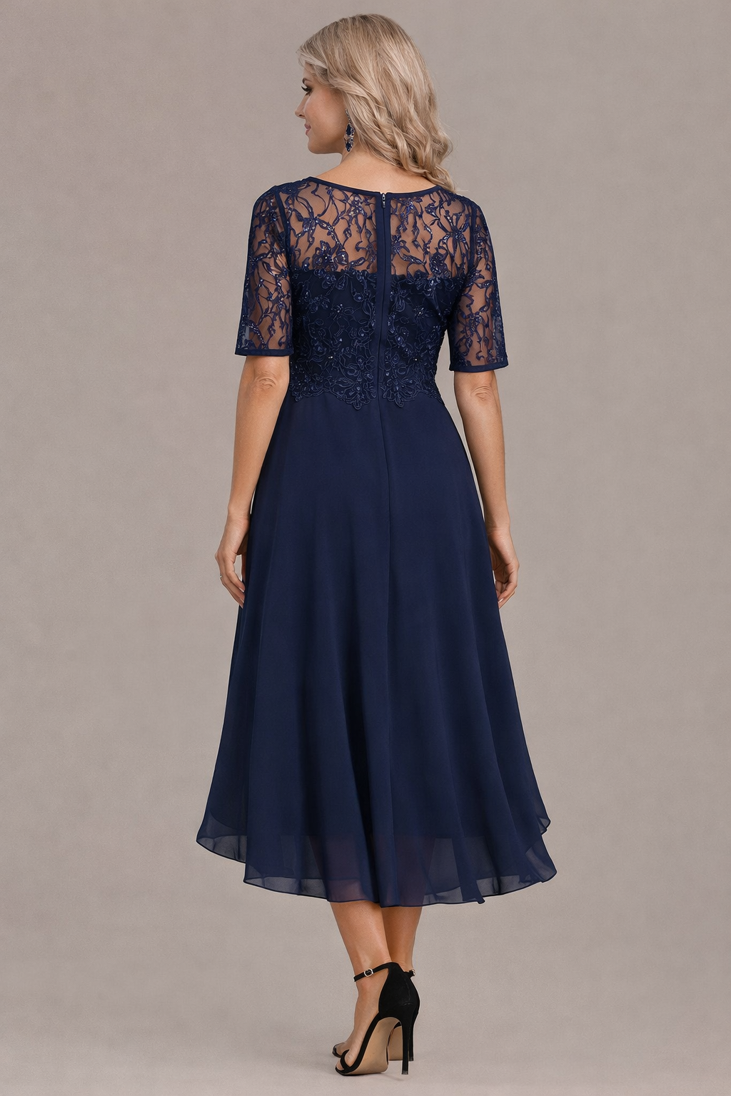 Elara Elegant Lace Sleeve Round Neck Dress