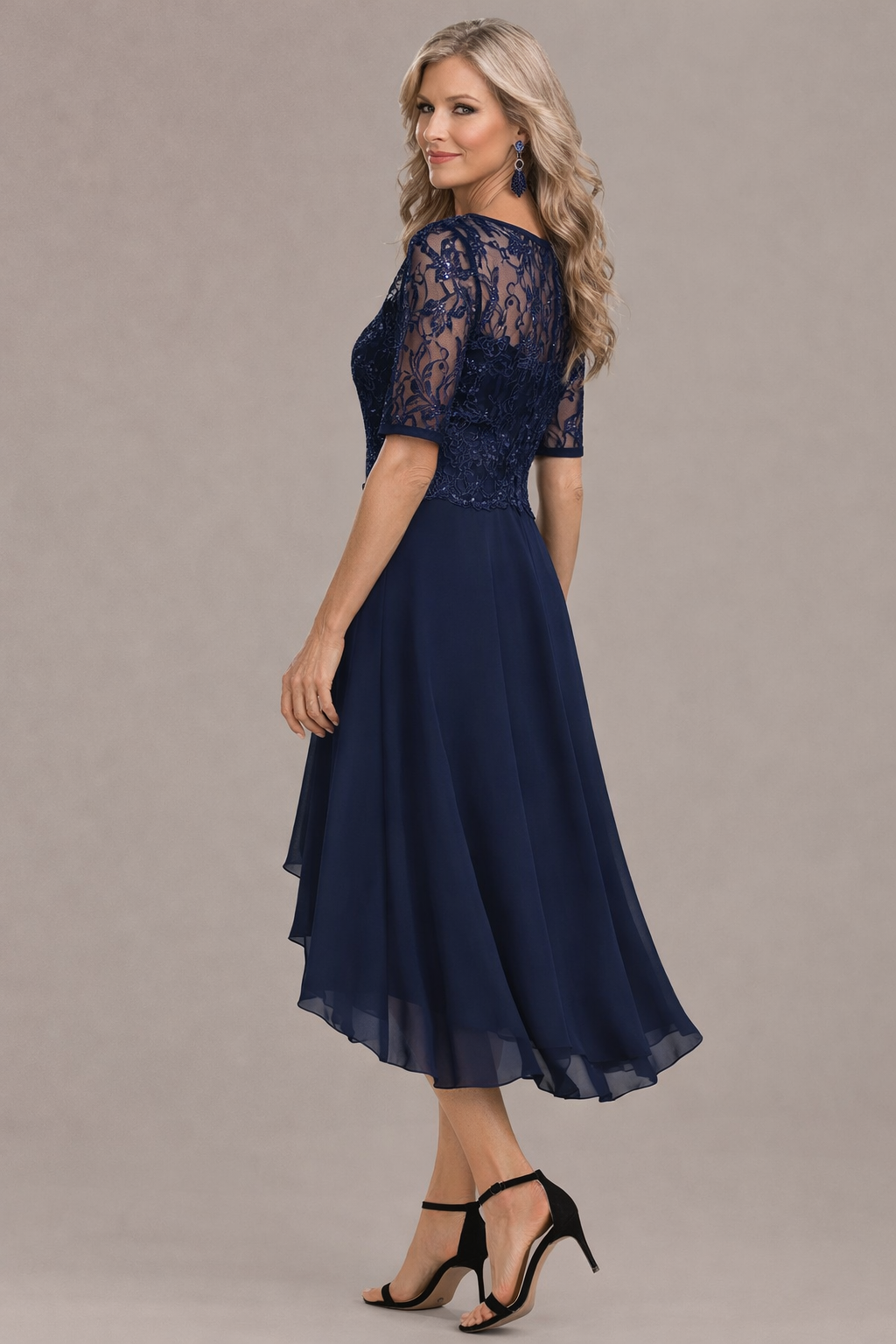 Elara Elegant Lace Sleeve Round Neck Dress