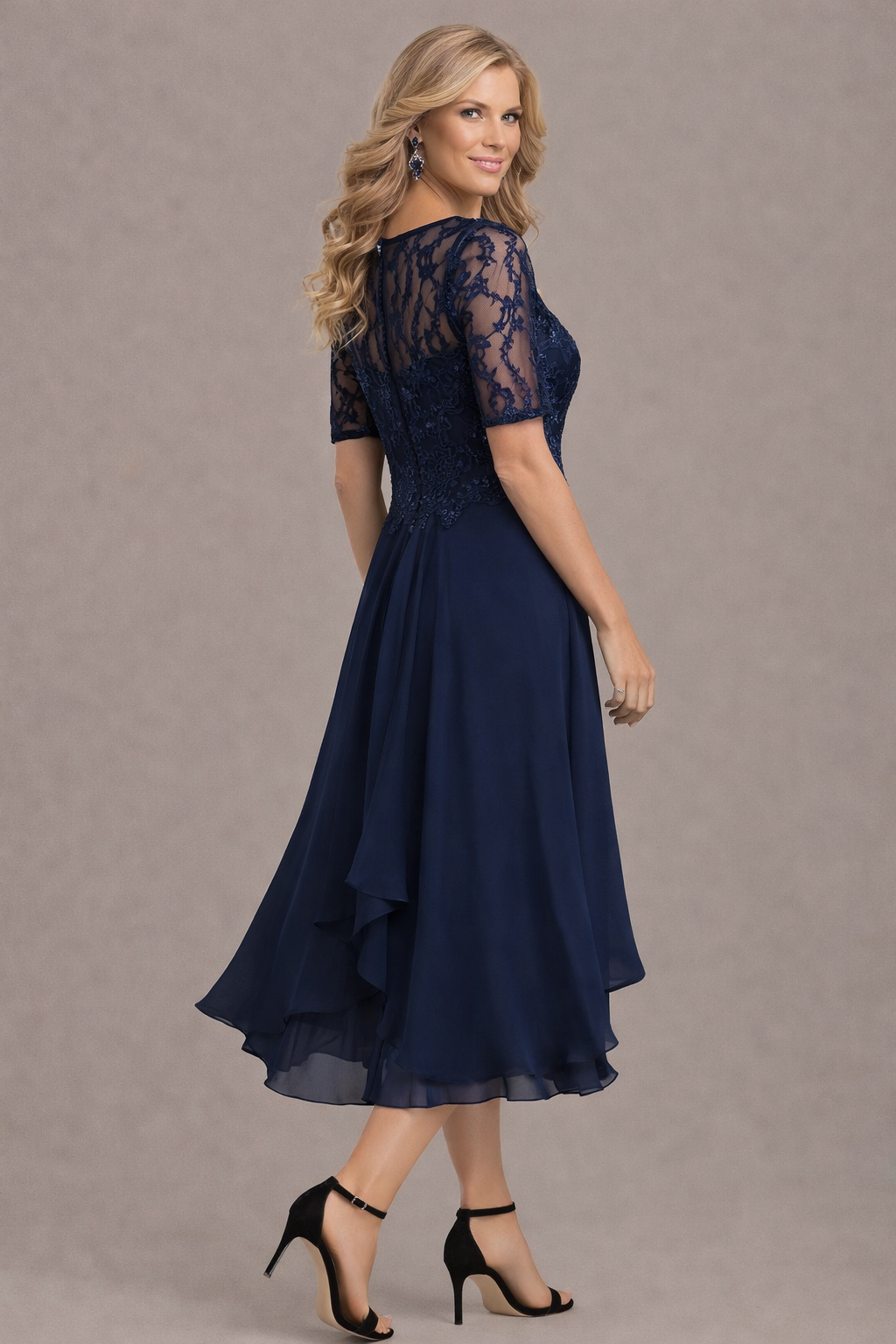 Elara Elegant Lace Sleeve Round Neck Dress
