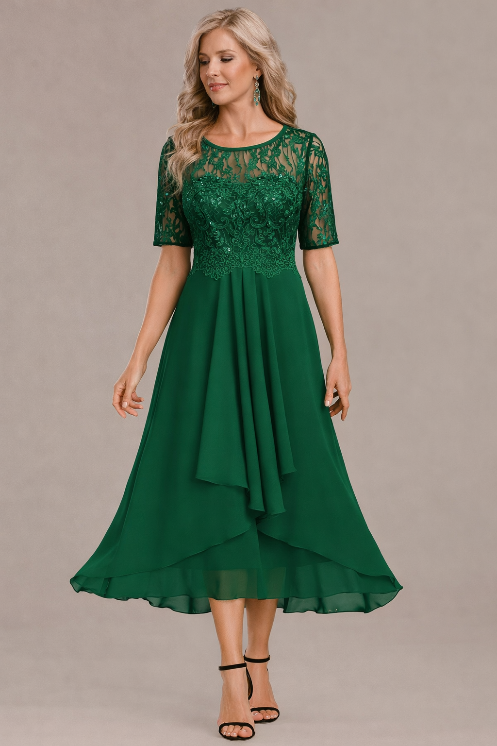 Elara Elegant Lace Sleeve Round Neck Dress