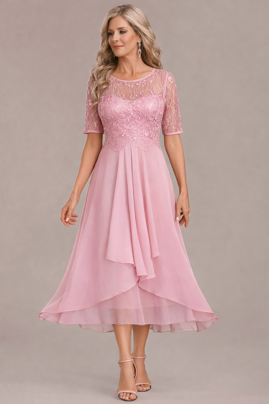 Elara Elegant Lace Sleeve Round Neck Dress