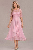 Elara Elegant Lace Sleeve Round Neck Dress