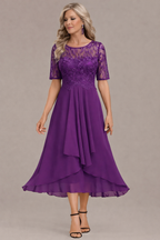 Elara Elegant Lace Sleeve Round Neck Dress
