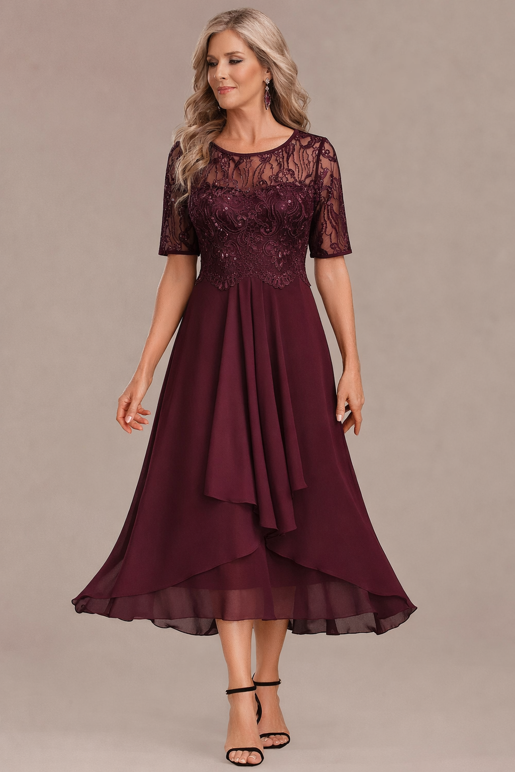 Elara Elegant Lace Sleeve Round Neck Dress