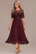 Elara Elegant Lace Sleeve Round Neck Dress