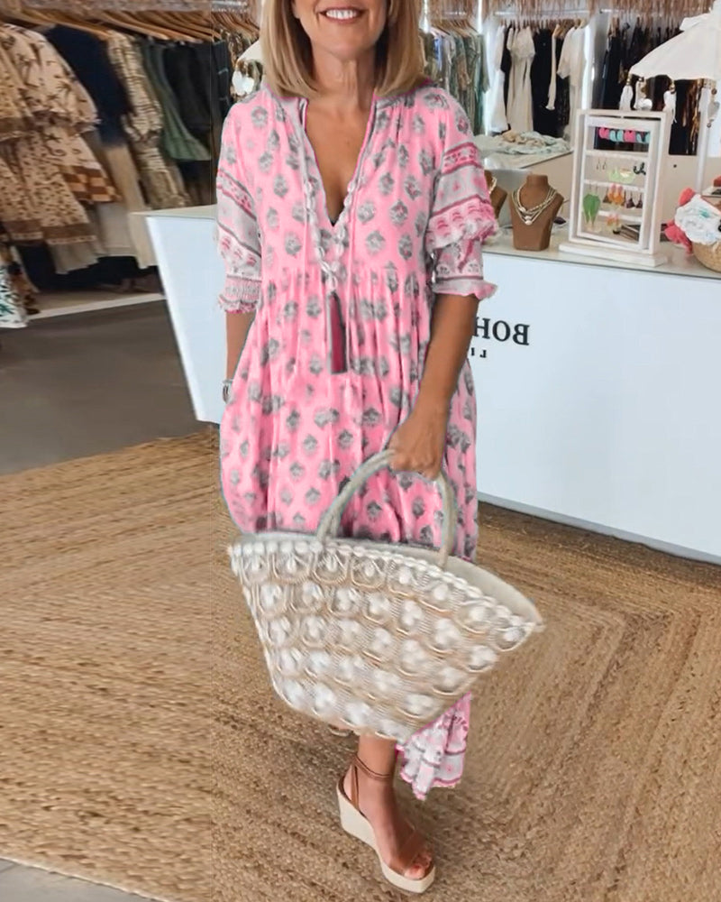 Rue - Casual Printed V-neck Half Sleeve Dress