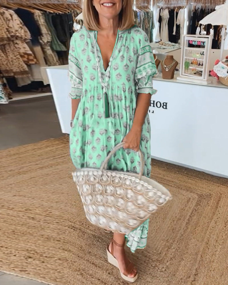 Rue - Casual Printed V-neck Half Sleeve Dress