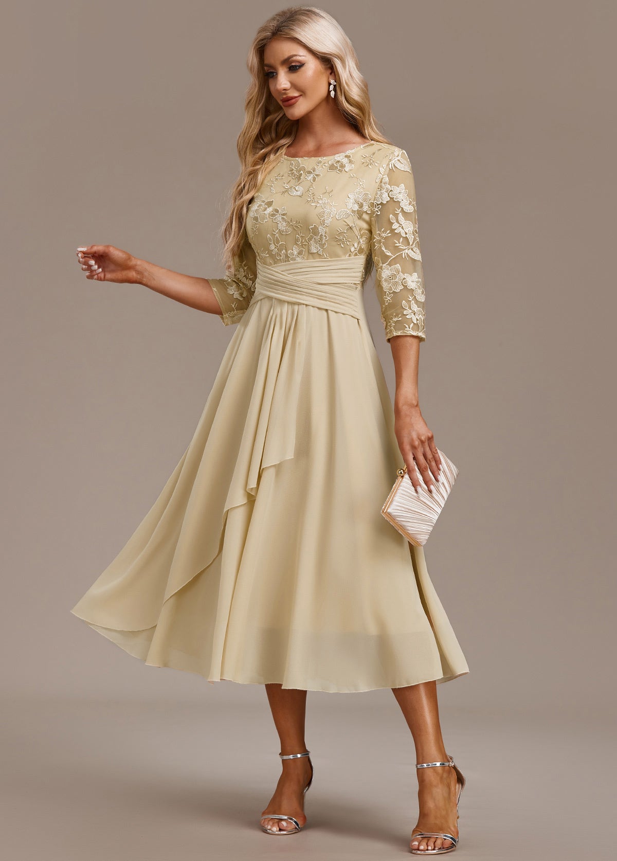Luna Champagne Sleeve Round Neck Dress