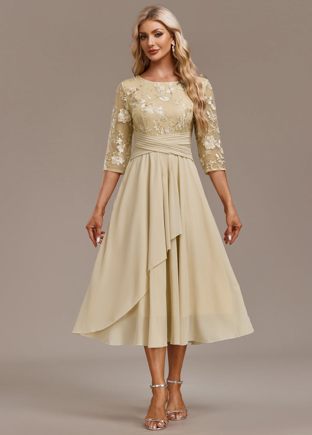 Luna Champagne Sleeve Round Neck Dress
