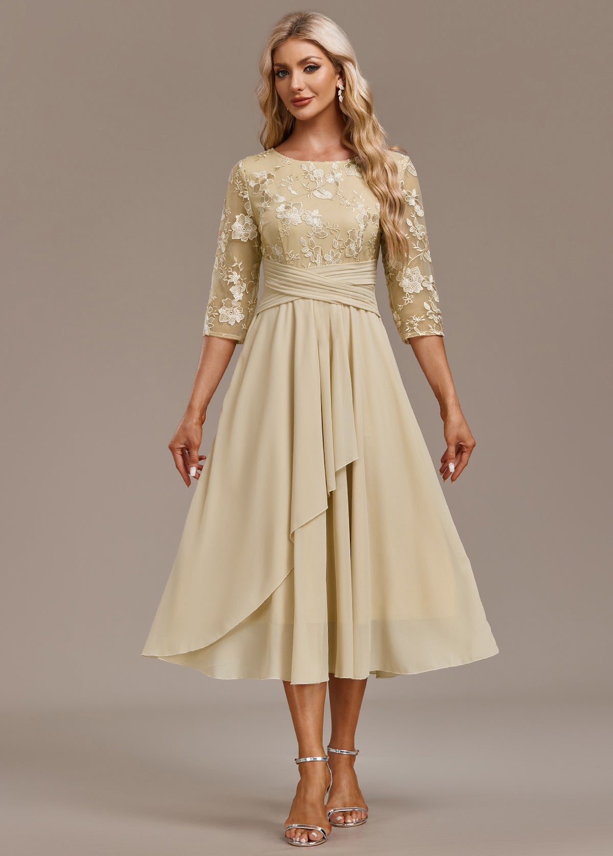 Luna Champagne Sleeve Round Neck Dress