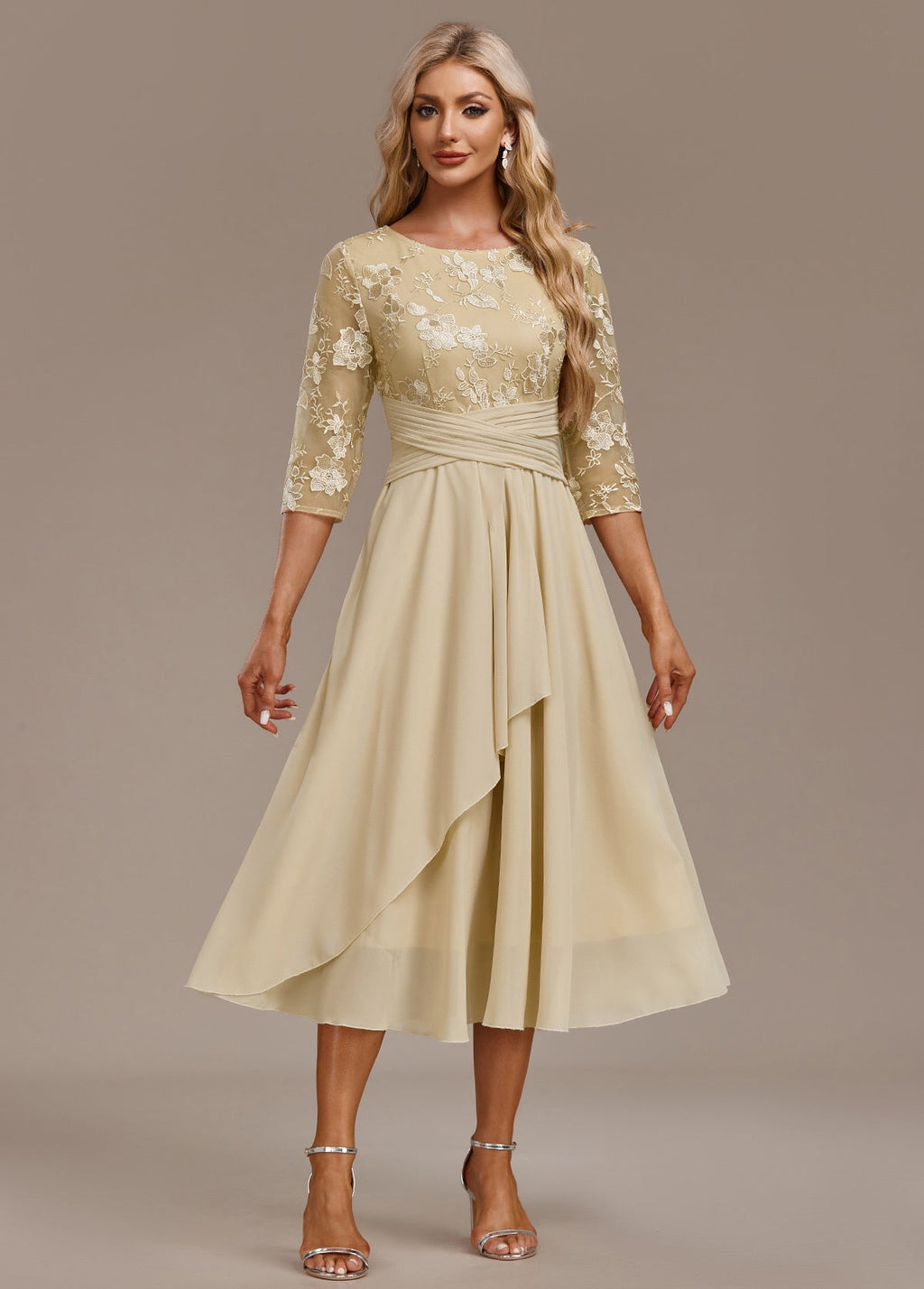 Luna Champagne Sleeve Round Neck Dress