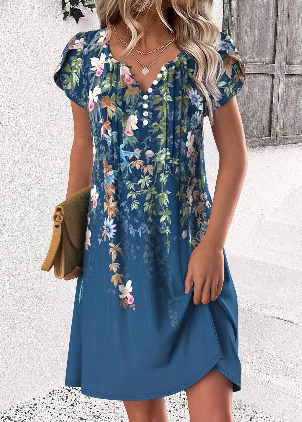 Luna Multi Color Floral Print Short Split Neck Dress