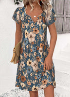 Luna Multi Color Floral Print Short Split Neck Dress