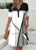 Flaire Multi Color Geometric Print Short Sleeve Split Neck Dress