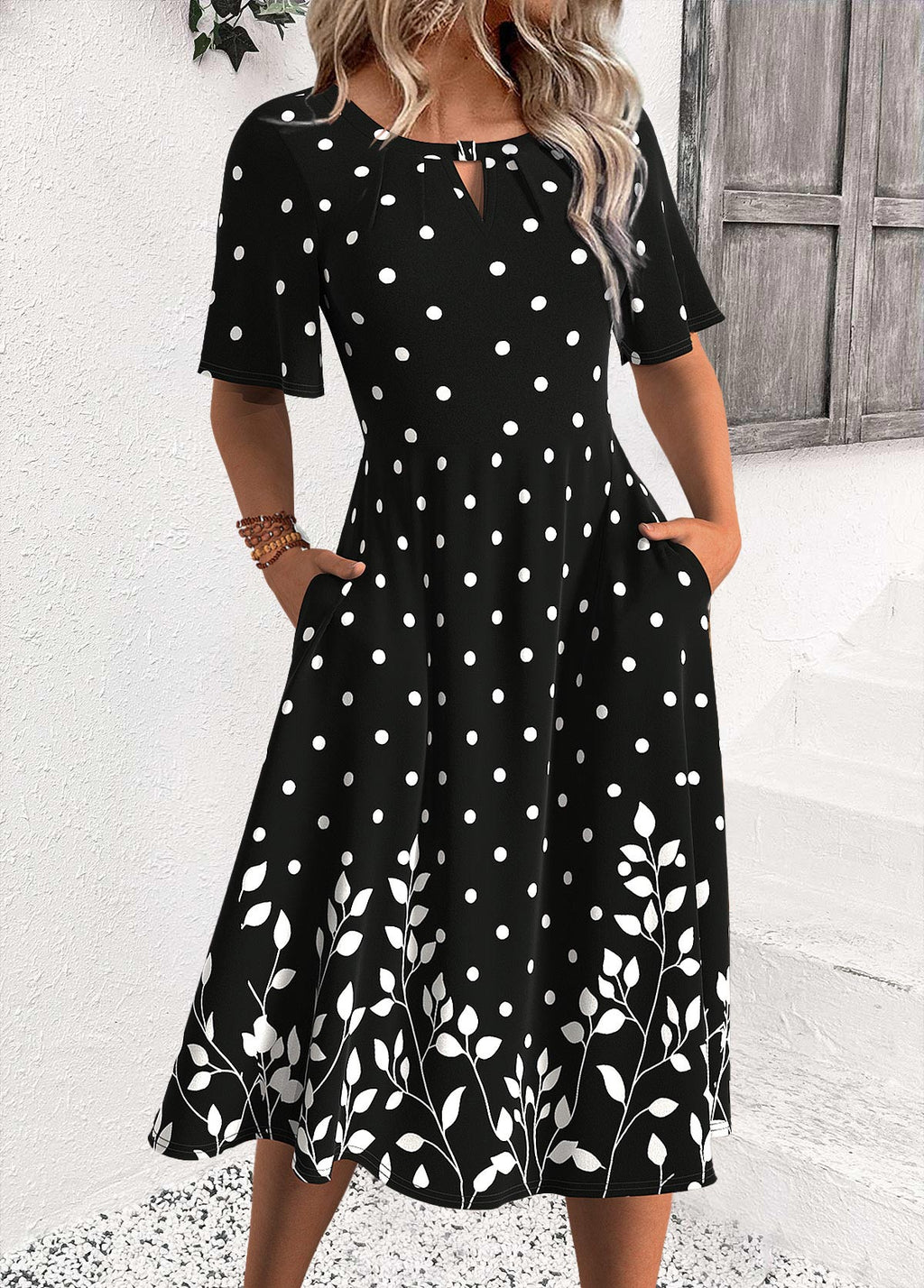 Luna Black Polka Dot Half Sleeve Round Neck Dress