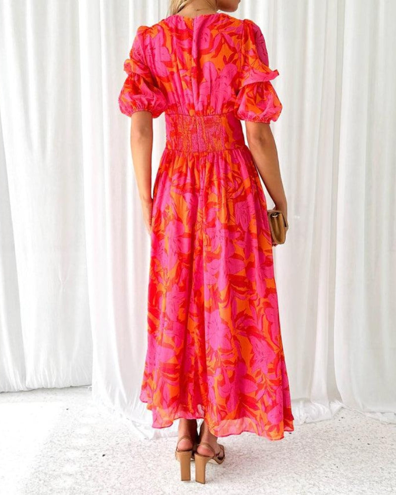 Clara – Elegant V-Neck Puff Sleeve Maxi Dress