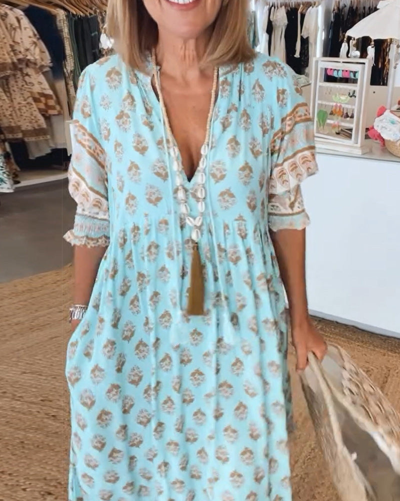 Rue - Casual Printed V-neck Half Sleeve Dress