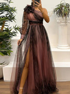 Sienna – Trendy One Shoulder Mesh Print Maxi Dress