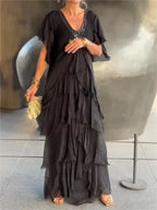 Blaise - Ruffled Short Sleeves V-Neck Maxi Dress