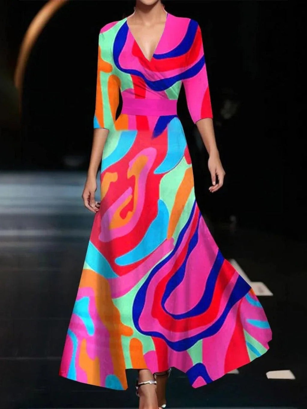 Emily - Printed High Waist Midi Dress with Mid Sleeves