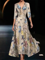 Emily - Printed High Waist Midi Dress with Mid Sleeves