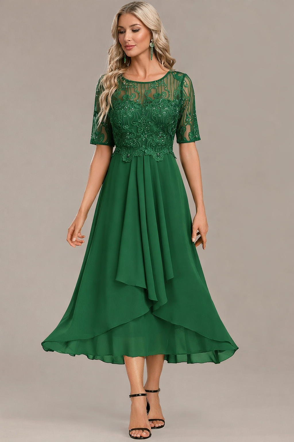 Luna Champagne Sleeve Round Neck Dress