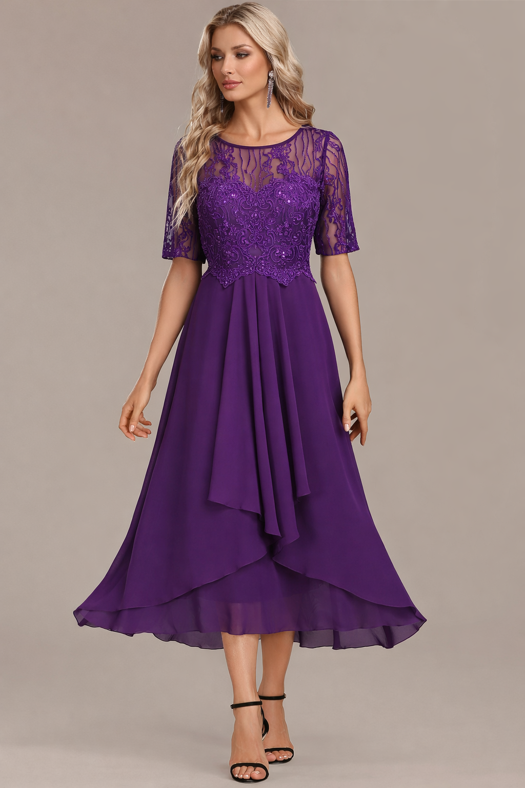 Luna Champagne Sleeve Round Neck Dress