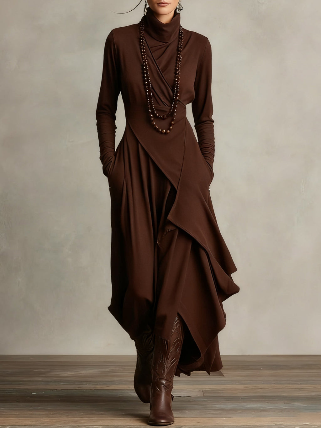 Kiara™ Vintage Asymmetrical Turtleneck Dress