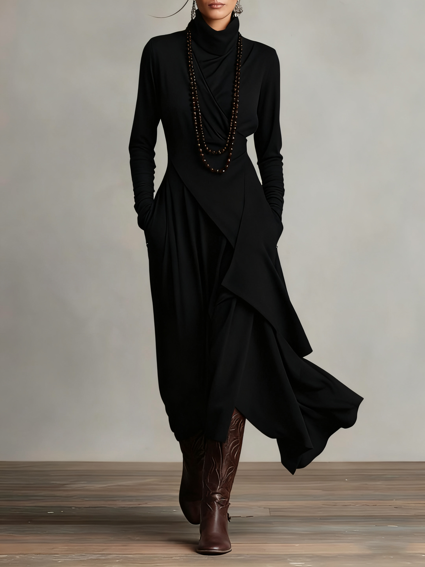 Kiara™ Vintage Asymmetrical Turtleneck Dress